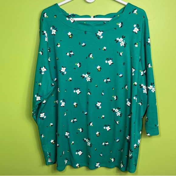 croft & barrow Tops - Croft & Barrow Plus Green/White Floral Boat Neck 3/4 Sleeve Blouse size 2X